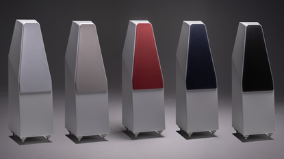 Wilson Audio Sabrina V speakers in five different colour options photographed against a dark background