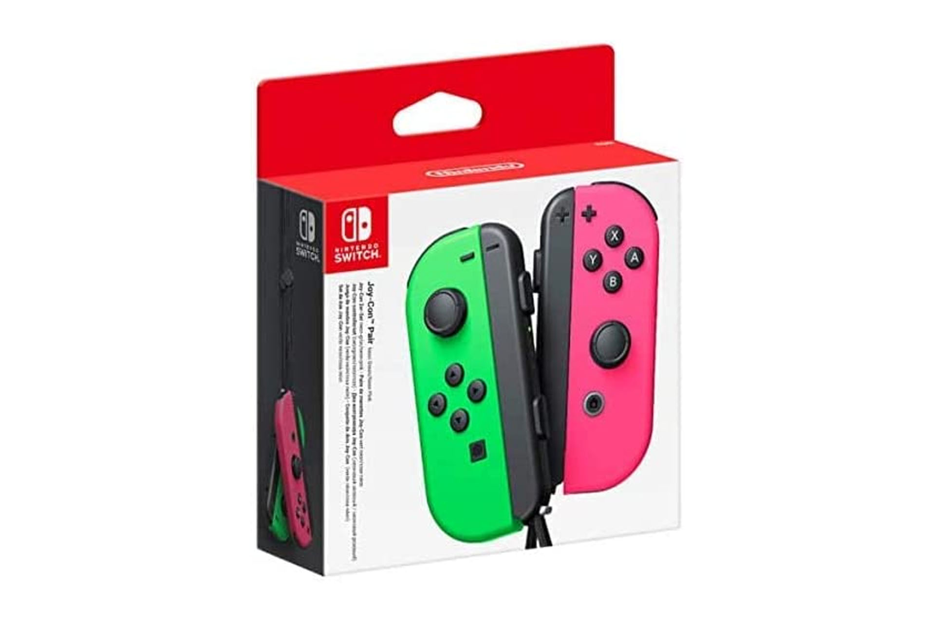 A product shot of the neon green and pink Joy-Cons on a white background