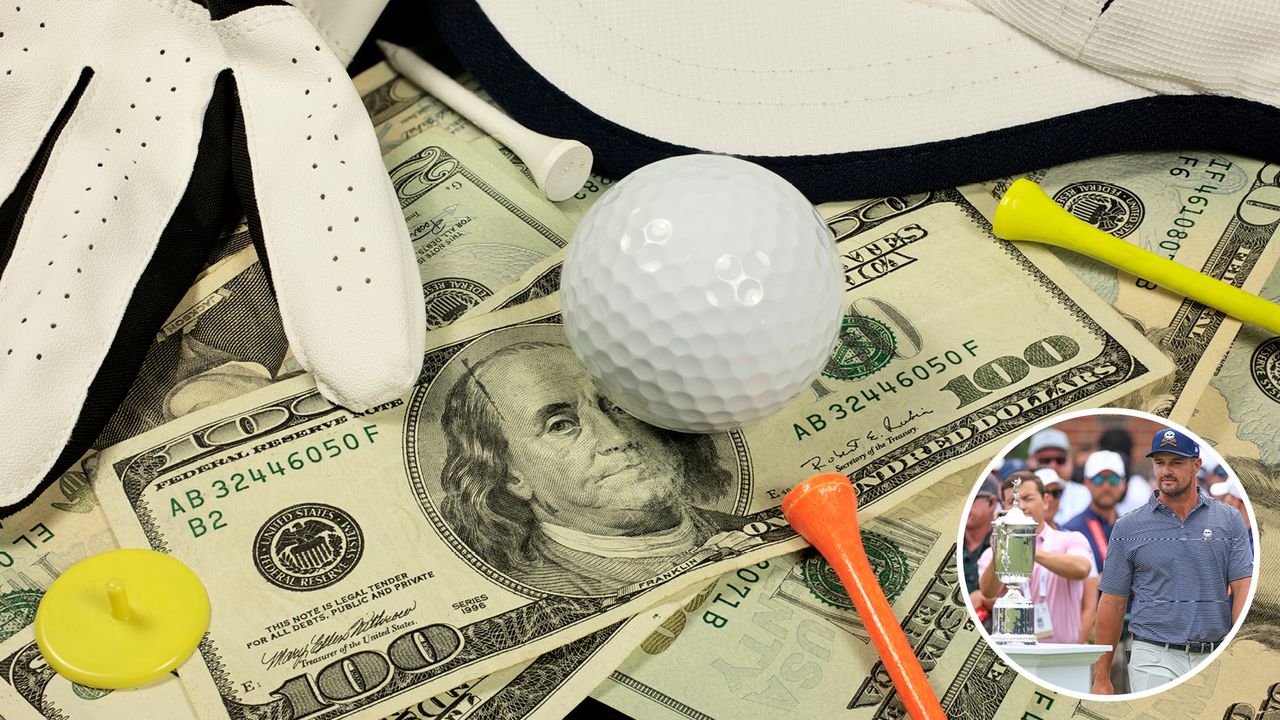 A picture of a golf ball on money