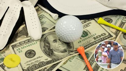 A picture of a golf ball on money