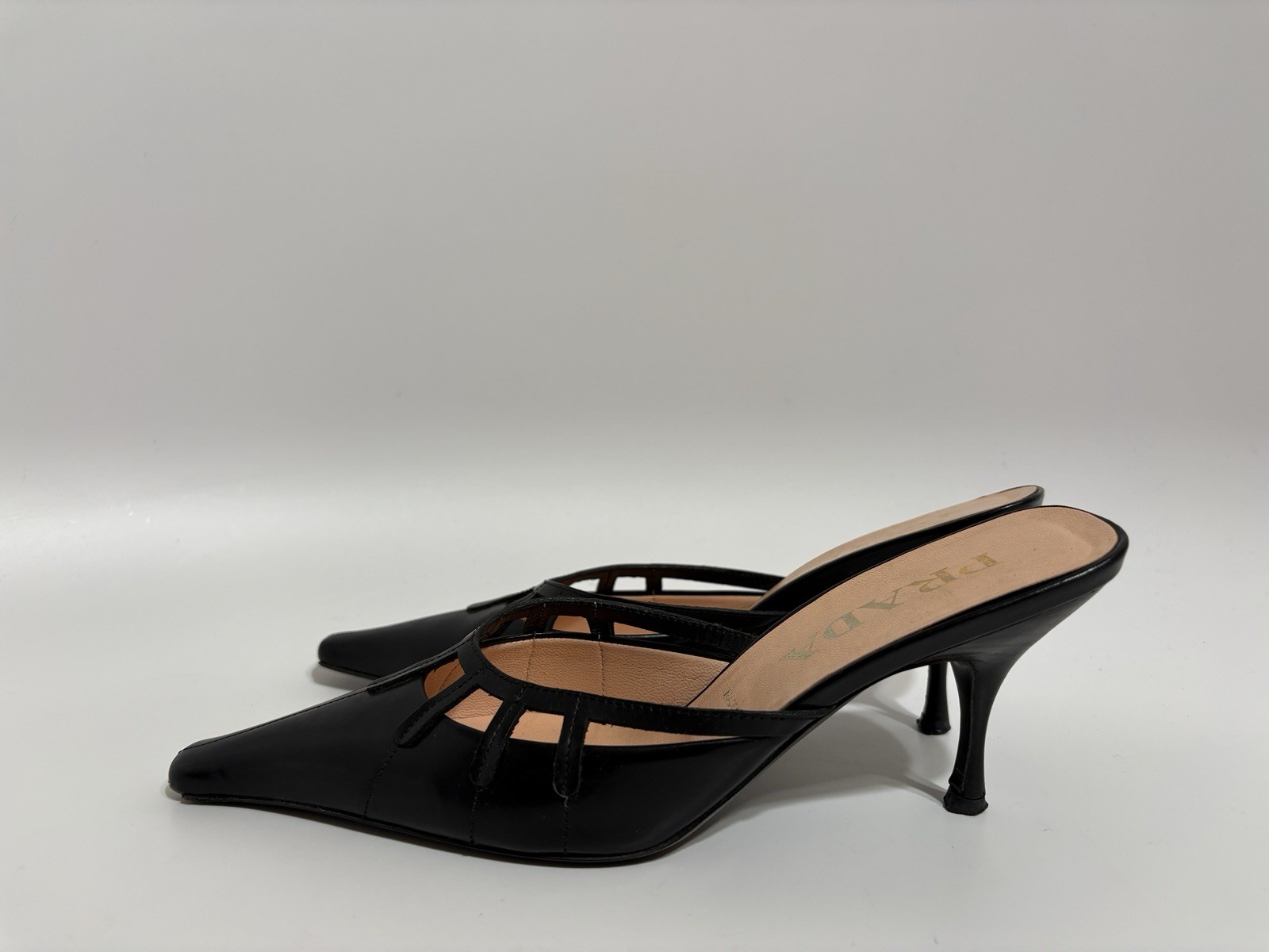 Vtg Prada Black Leather Mule Heels 36