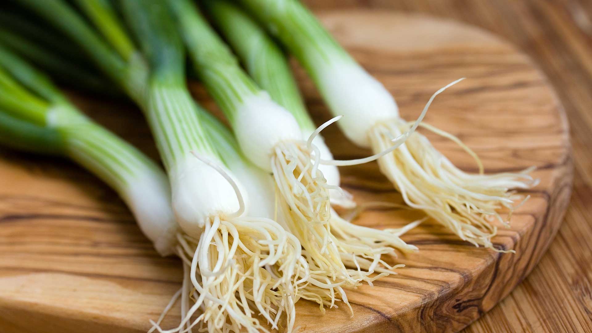 spring onions on wooden board