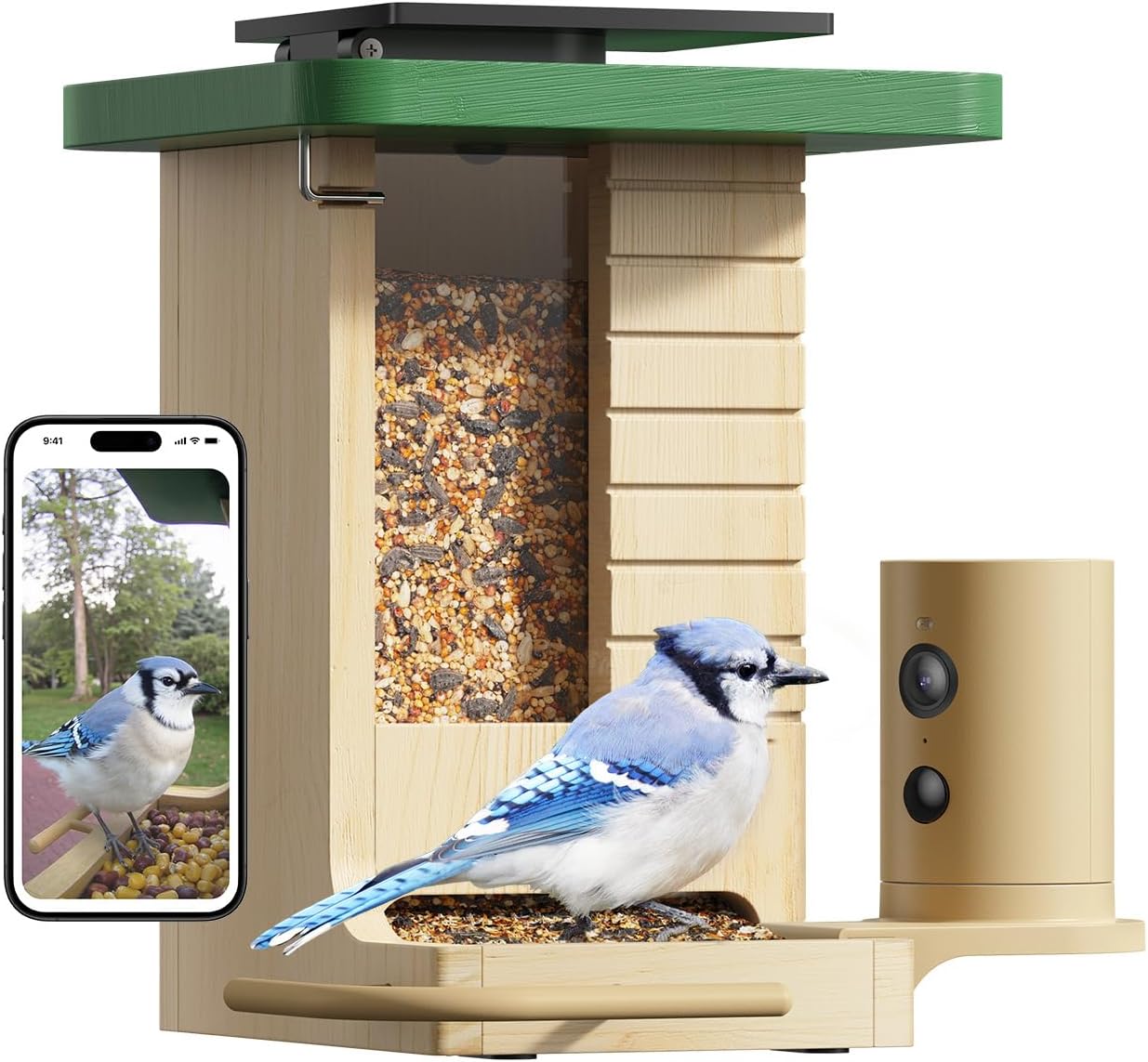 Birdfy Smart Bird Feeder With Camera Solar Powered, Night Insight &amp;amp; Slow-Motion Video for Outdoors &amp;amp; Backyard Birds Watching, Ai Identify 6000+ Species by Subscription, Wood