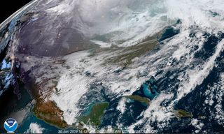 Wednesday, January 30, 2019: As a dangerously cold rush of air is sweeping across the Midwest United States today, the National Oceanic and Atmospheric Administration's GOES-East satellite is keeping an eye on the record-breaking weather event from space. This surge of cold air is the result of a rift in the polar vortex, a circulation of winds that surround the North Pole.