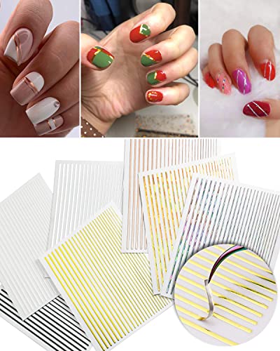 7 Sheets Nail Striping Tape Metallic Lines French Tip Manicure Strip Adhesive Holographic Foil Design Gold Sticker Decals for Nail Art