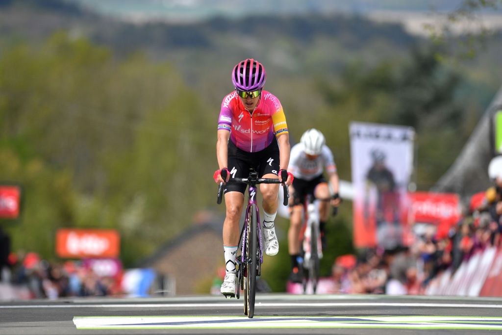 HUY BELGIUM APRIL 20 Ashleigh Moolman Pasio of South Africa and Team SD Worx reacts after cross the finishing line during the 25th La Flche Wallonne 2022 Womens Elite a 1334km one day race from Huy to Mur de Huy FlecheWallonne FWwomen on April 20 2022 in Huy Belgium Photo by Luc ClaessenGetty Images