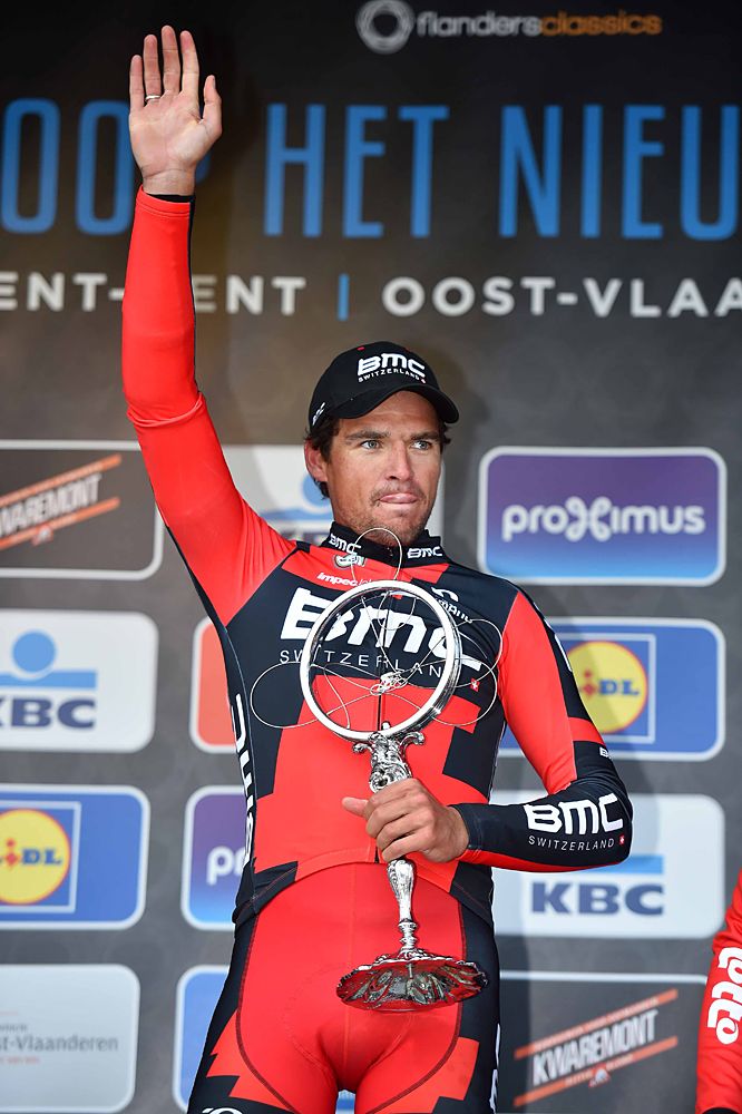 Greg Van Avermaet (BMC) waves to the crowd at Omloop Het Nieuwsblad