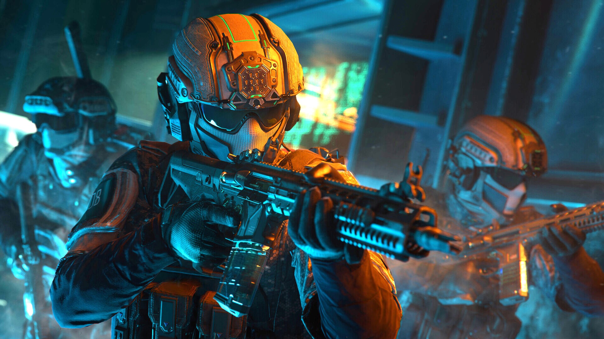 An official screenshot of Call of Duty: Black Ops 7 that shows soldiers clearing a room.