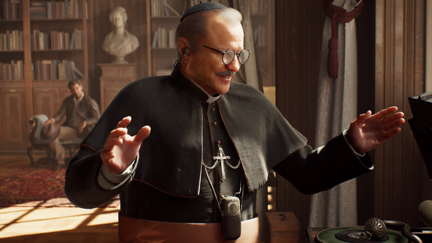 Father Antonio dances to jazz while Indy sits in the background in his Vatican library office in Indiana Jones and the Great Circle