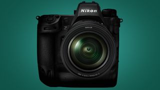 The front of the Nikon Z9 on a green background