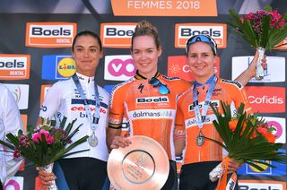 Fleche Wallonne 2018 podium: Anna van der Breggen (1st), Ashleigh Moolman-Pasio (2nd), Megan Guarner (3rd)