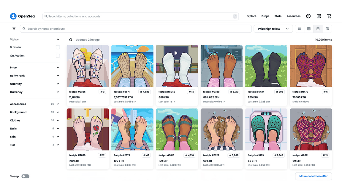 NFT site showing changes in pixel representation of feet.