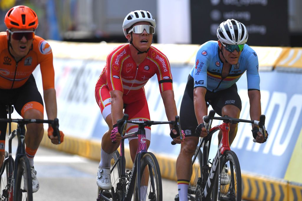 LEUVEN BELGIUM SEPTEMBER 26 LR Dylan Van Baarle of The Netherlands Michael Valgren Hundahl of Denmark and Jasper Stuyven of Belgiumsprint at finish line during the 94th UCI Road World Championships 2021 Men Elite Road Race a 2683km race from Antwerp to Leuven flanders2021 on September 26 2021 in Leuven Belgium Photo by Luc ClaessenGetty Images