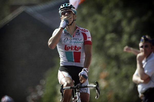 Philippe Gilbert (Omega Pharma-Lotto) celebrates his Fl&egrave;che Wallonne victory.