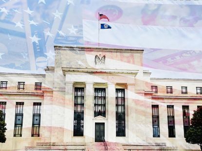 federal reserve building with american flag background