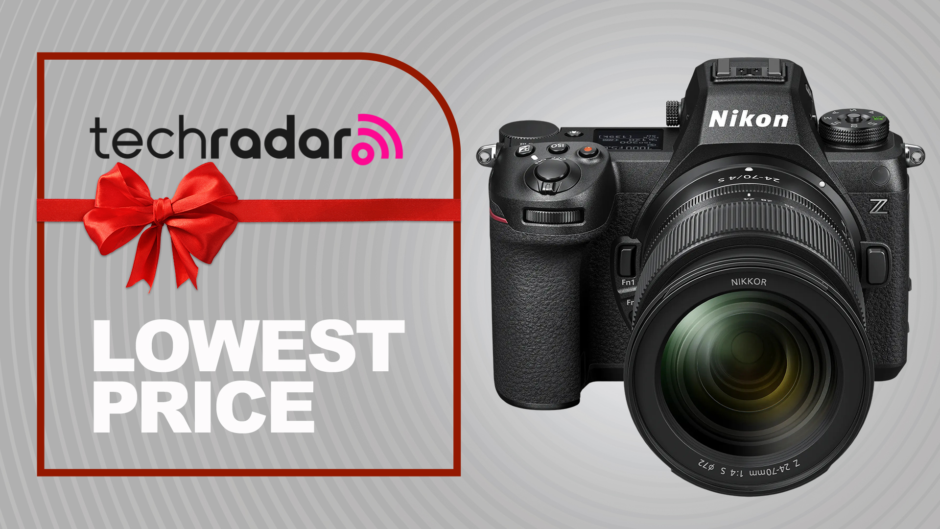 Nikon Z6 III fitted with the Nikkor Z 24-70mm f/4S lens on a grey TechRadar deals background for lowest price