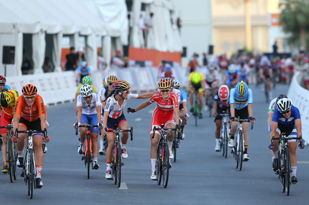 Lizzie Deignan (Great Britain) congratulates Boels Dolmans teammate Amalie Dideriksen on her victory