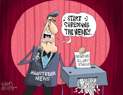 Political cartoon U.S. 2016 election Hillary Clinton negative Media