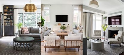 Family room layout mistakes. Gray family room with round ottoman, light beige room with seating around coffee table. Gray living room with two chairs surrounding gray side tables.