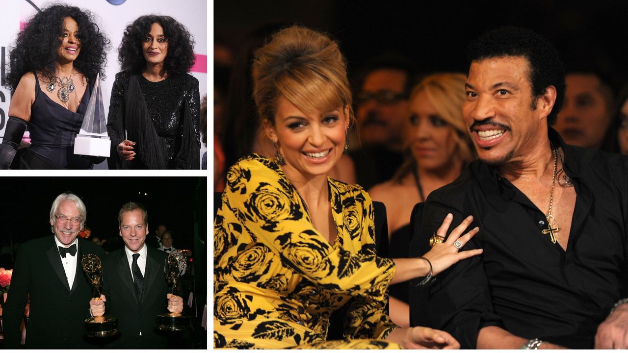 Celebrities with famous parents - composite image of three pairs of celebrities with their famours parents, top left is Diana Ross and Tracy ellis ross, bottom left is Keifer Sutherland and Donald sutherland and to the right is Nicole Richie and Lionel richie 