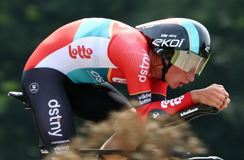 Belgian Alec Segaert of Lotto Dstny pictured in action during stage two of the 'Renewi Tour' multi-stage cycling race, a 15,4km time trial in Tessenderlo on Thursday 29 August 2024. The five-day race takes place in Belgium and the Netherlands. BELGA PHOTO DAVID PINTENS (Photo by DAVID PINTENS / BELGA MAG / Belga via AFP)