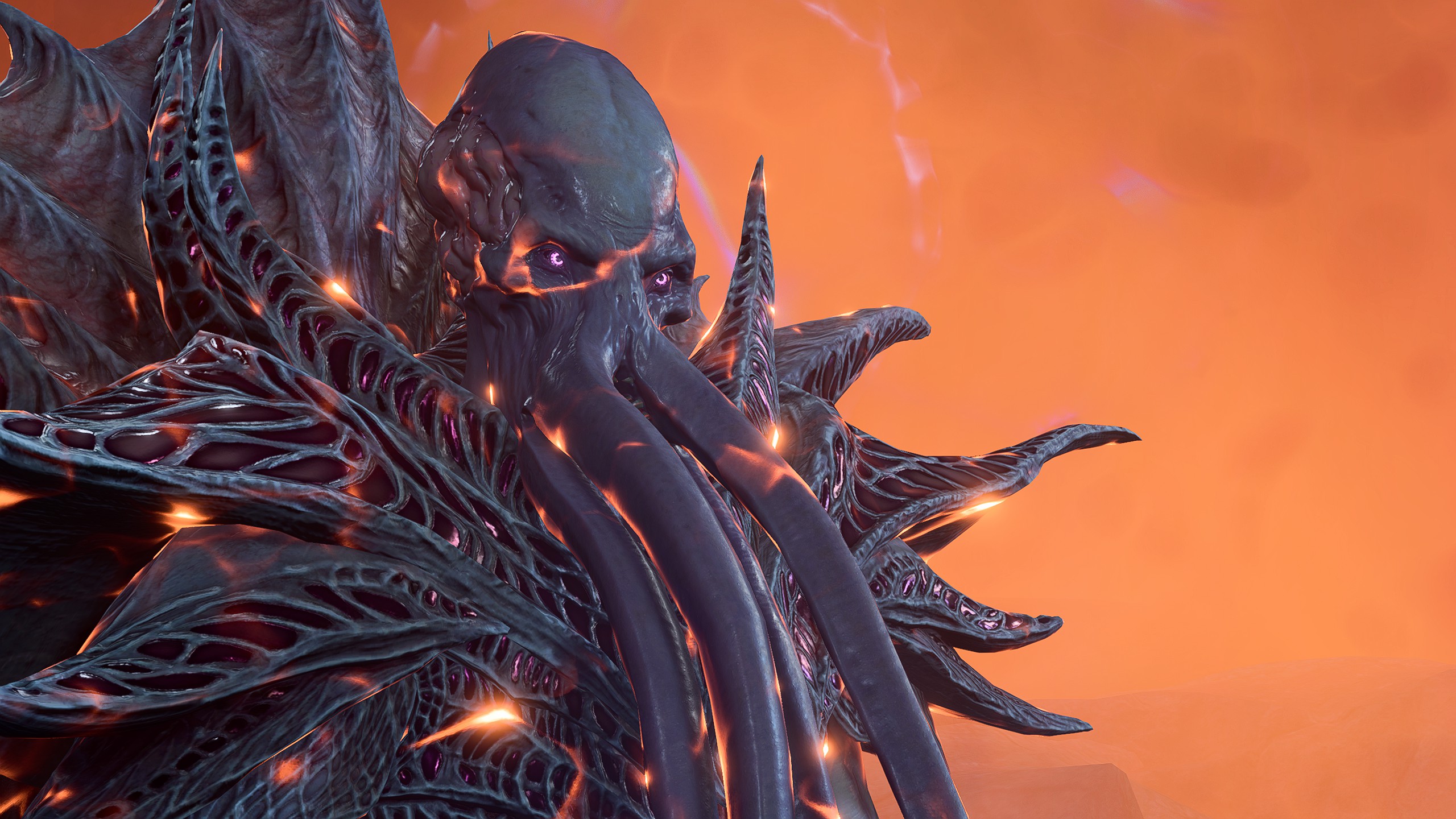An illithid against a glowing orange sky