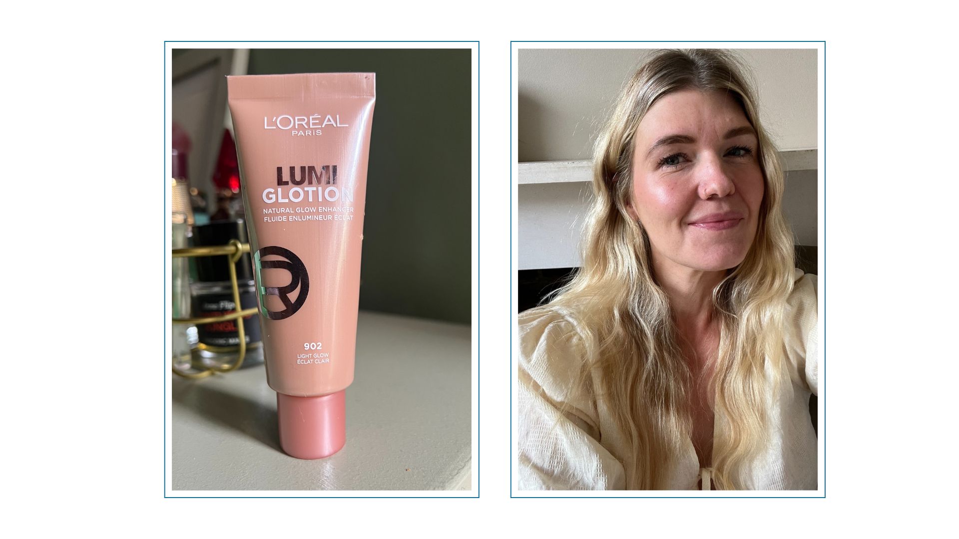 An image of L&#039;Oreal Lumi Glotion on a table top in a dark green room, next to an image of beauty editor Fiona McKim in front of a fireplace with blonde hair, a beige top and a glowing cheekbone