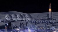 A rendering of a moon base featuring satellites, a rocket launcher and other industrial and aerospace equipment