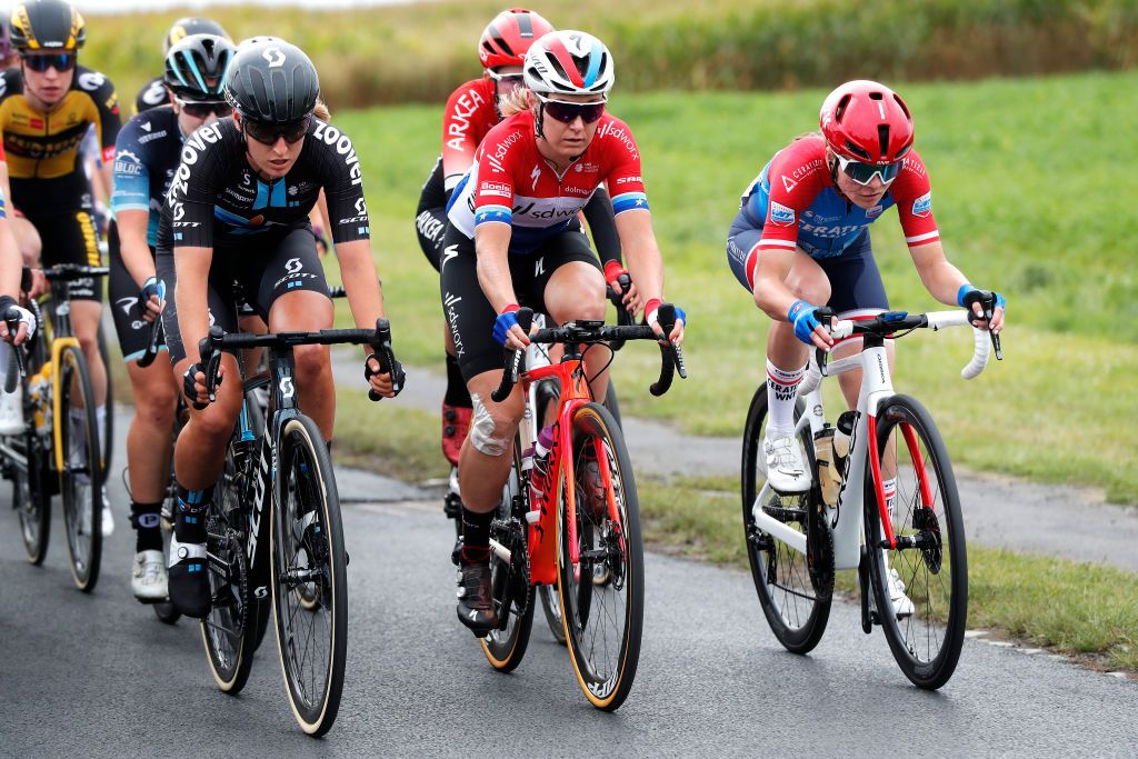 ROUBAIX FRANCE OCTOBER 02 LR Franziska Koch of Germany and Team DSM Amy Pieters of Netherlands and Team SD Worx and Marta Lach of Poland and Ceratizit WNT Pro Cycling Team compete during the 1st ParisRoubaix 2021 Womens Elite a 1164km race from Denain to Roubaix ParisRoubaixFemmes ParisRoubaix on October 02 2021 in Roubaix France Photo by Bas CzerwinskiGetty Images