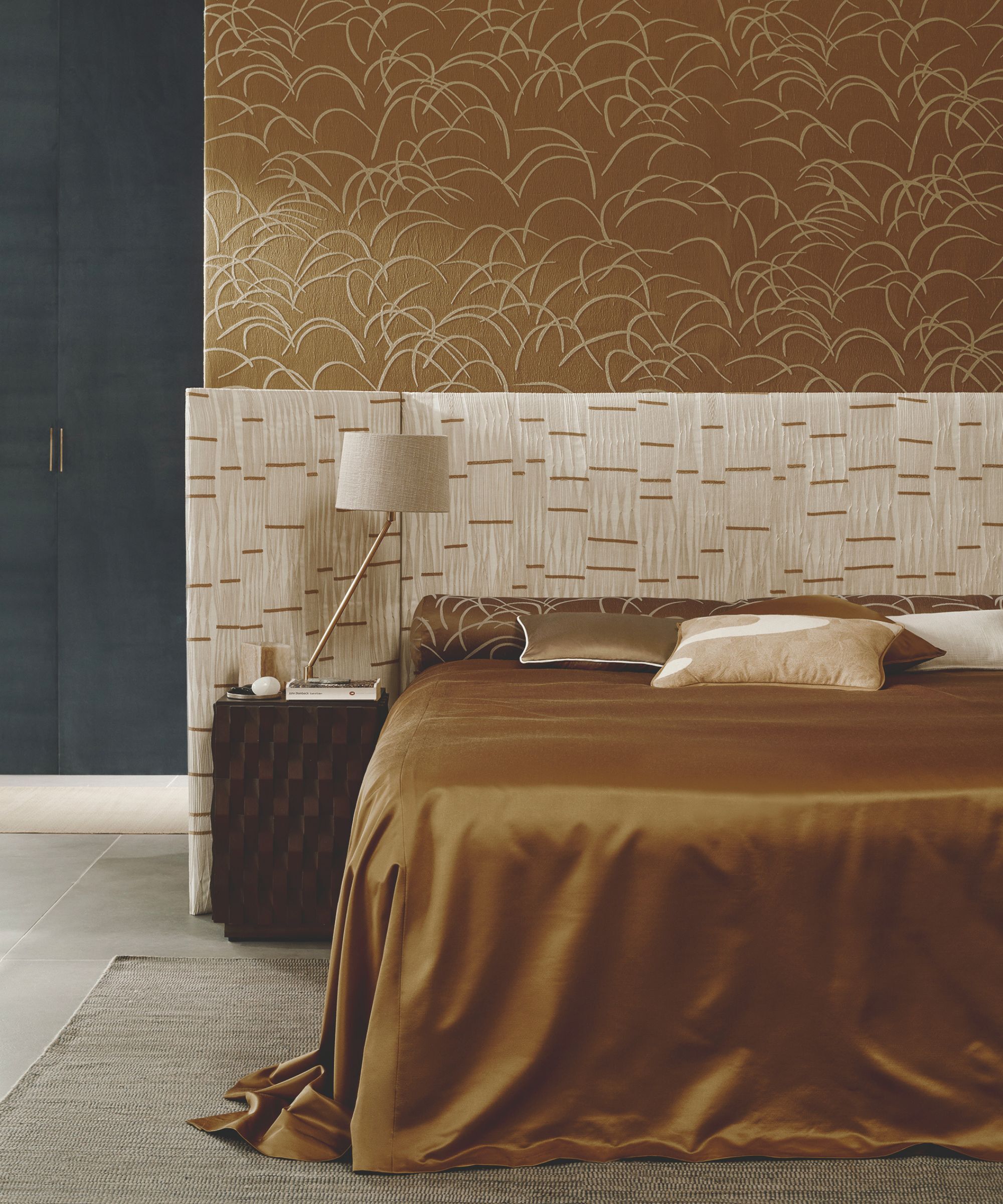 Japanese style bedroom interior in a deep gold colourway