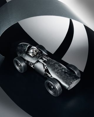 Racing car clock sculpture from above, by Bucherer Exclusives and L’Epée 1839