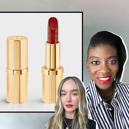 a collage of Marie Claire editors wearing Celine's first red lipstick in front of a tube of Celine lipstick