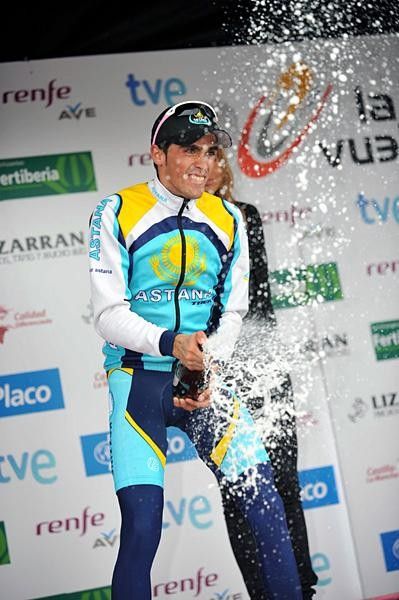 Alberto Contador (Astana) celebrates his win and maillot oro.