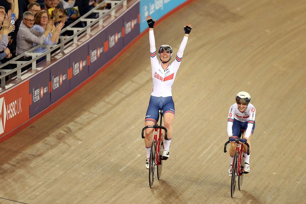Katie Archibald and Laura Kenny celebrate their win in the Madison