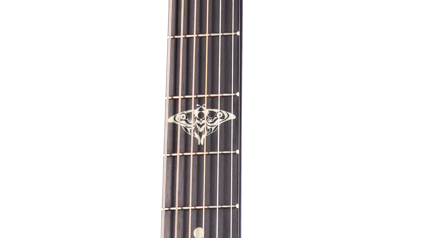 A detail of the moth inlay on a Taylor The Last of Us Replica 314c