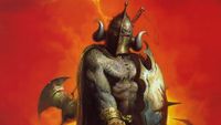 An armored warrior with red eyes from the cover art for Witchaven