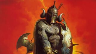 An armored warrior with red eyes from the cover art for Witchaven