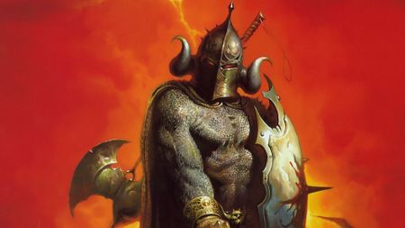 An armored warrior with red eyes from the cover art for Witchaven