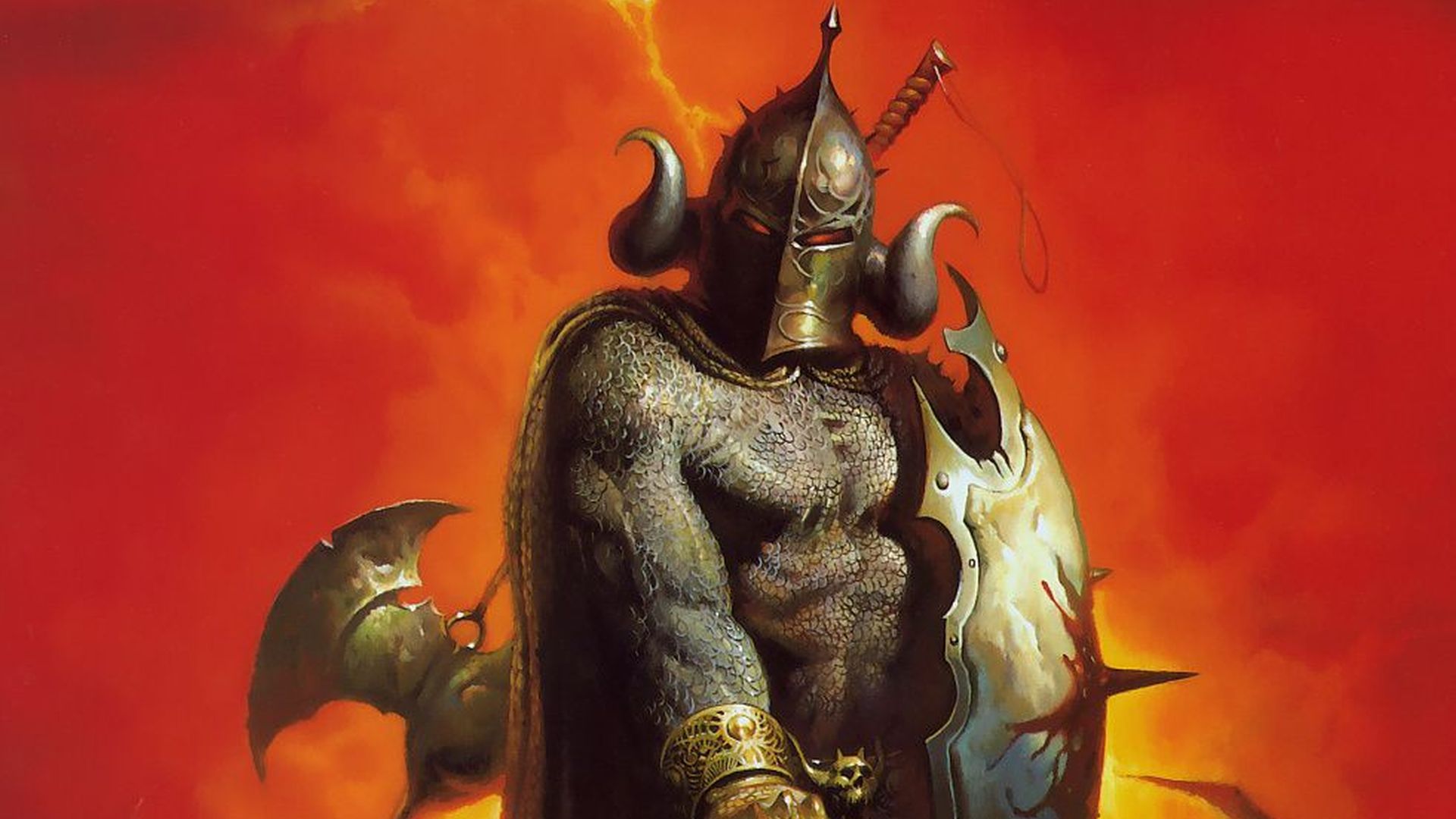 An armored warrior with red eyes from the cover art for Witchaven