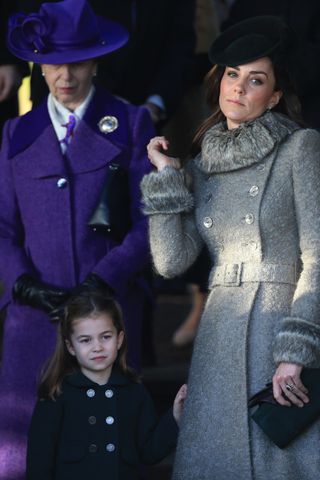 Kate Middleton in a gray Catherine Walker coat on Christmas Day 2019.