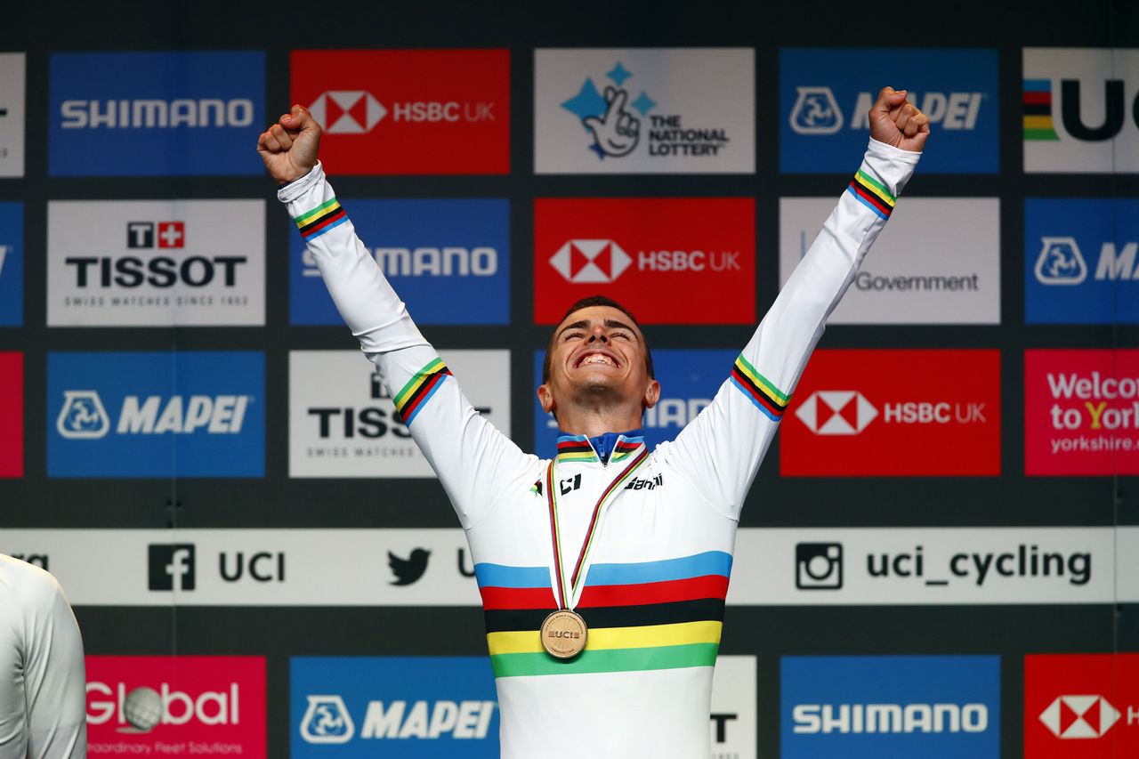 Samuele Battistella (Italy) in rainbow stripes after Eekhoff's disqualification