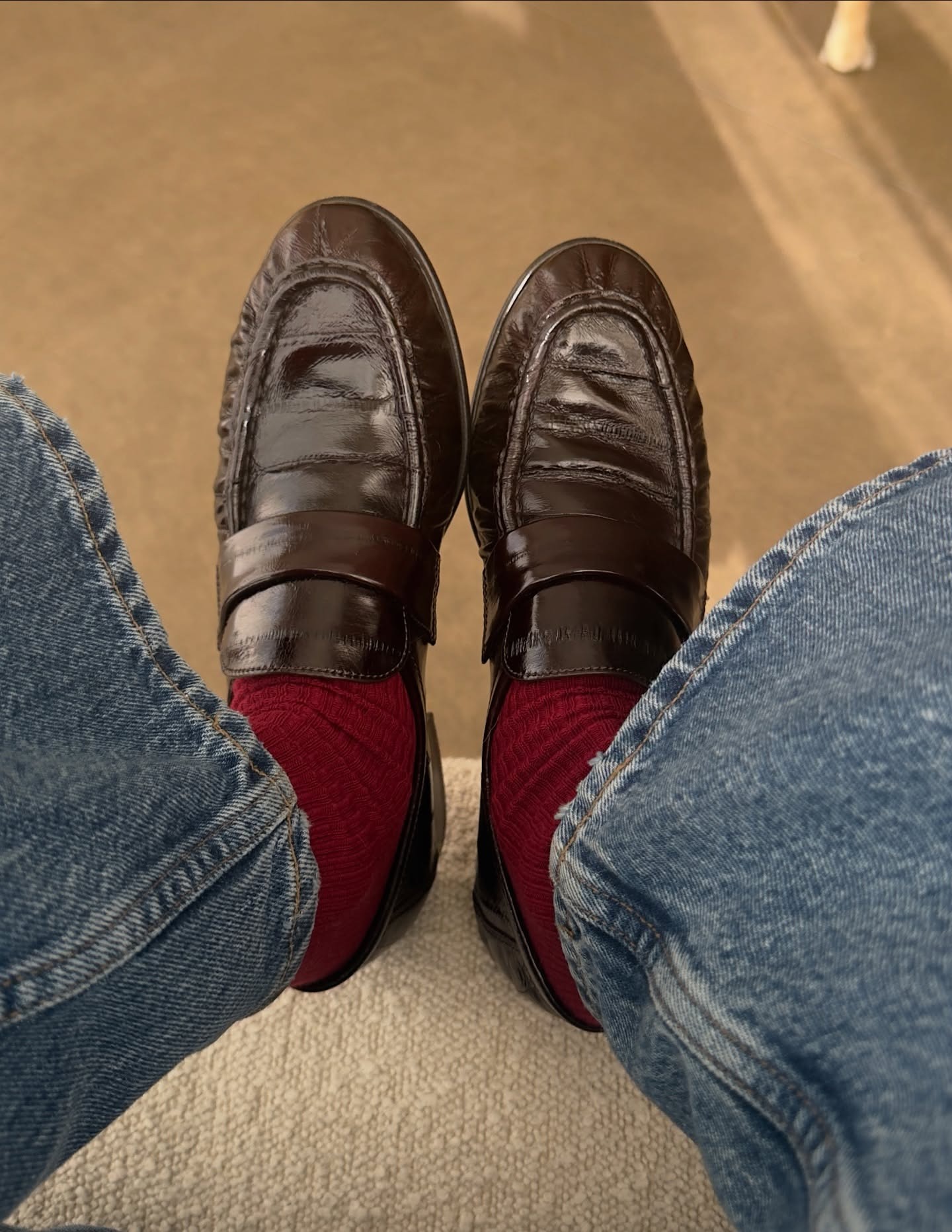 Selfie of The Row brown loafers, red socks and jeans.