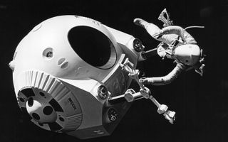 Stuntman Bill Weston filming a spacewalk scene from "2001."