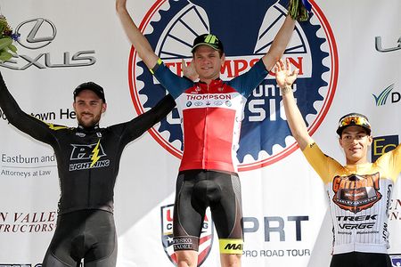 Men's podium: 2nd place Stephen Hall (PA Lightning) 1st place, Oscar Clark (Holowesko/Citadel p/b Hincapie Sportswear) 3rd place Dennis Ramirez (Gateway Harley-Davidson Trek Development