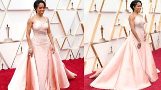 Composite image of Regina King in pink evening gown with pink beads on Oscars red carpet