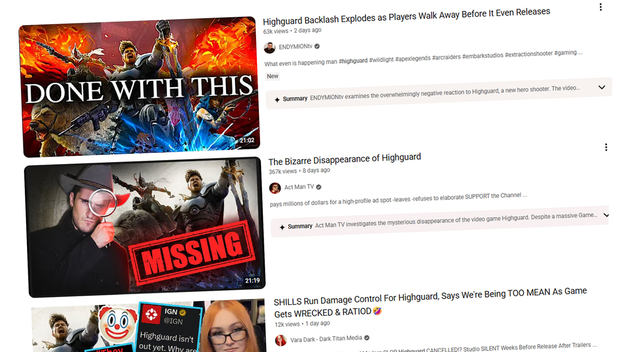 A selection of YouTube thumbnails and video titles related to Highguard: &amp;quot;Highguard Backlash Explodes as Players Walk Away Before It Even Releases,&amp;quot; &amp;quot;The Bizarre Disappearance of Highguard,&amp;quot; &amp;quot;SHILLS Run Damage Control For Highguard, Says We're Being TOO MEAN As Game Gets WRECKED &amp;amp; RATIOD.&amp;quot;