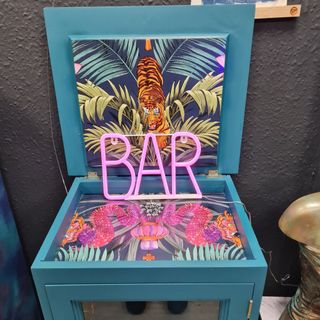 Blue cabinet with top open with bar sign and animal print inside