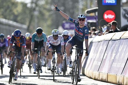 SCHOTEN, BELGIUM - APRIL 08: Tim Merlier of Belgium and Team Soudal Quick-Step celebrates at finish line as race winner during the 114th Scheldeprijs 2026, Men's Elite a 205.2km one day race from Terneuzen to Schoten on April 08, 2026 in Schoten, Belgium. (Photo by Luc Claessen/Getty Images)