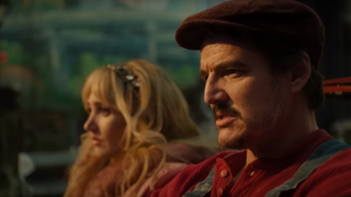 Mario and Peach getting ready to race with an ominous background on SNL.