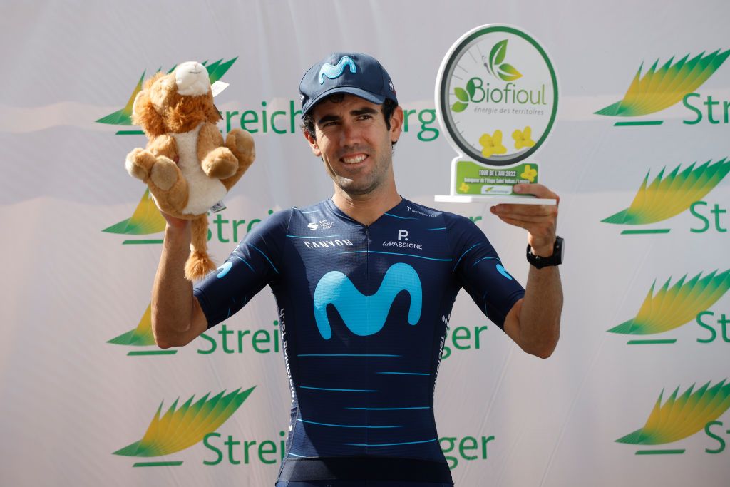 LLEX FRANCE AUGUST 11 Antonio Pedrero Lopez of Spain and Movistar Team celebrates at podium as stage winner during the 34th Tour de lAin 2022 Stage 3 a 131km stage from Plateau dHauteville to Llex 904m TDA22 on August 11 2022 in Llex France Photo by Bas CzerwinskiGetty Images